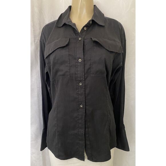FRAME Arie Linen Blend Button Down Shirt Black Noir Long Sleeve Cutaway L - Picture 2 of 10